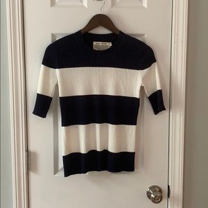 Tory Sport Navy and White Ribbed Stripe T-Shirt